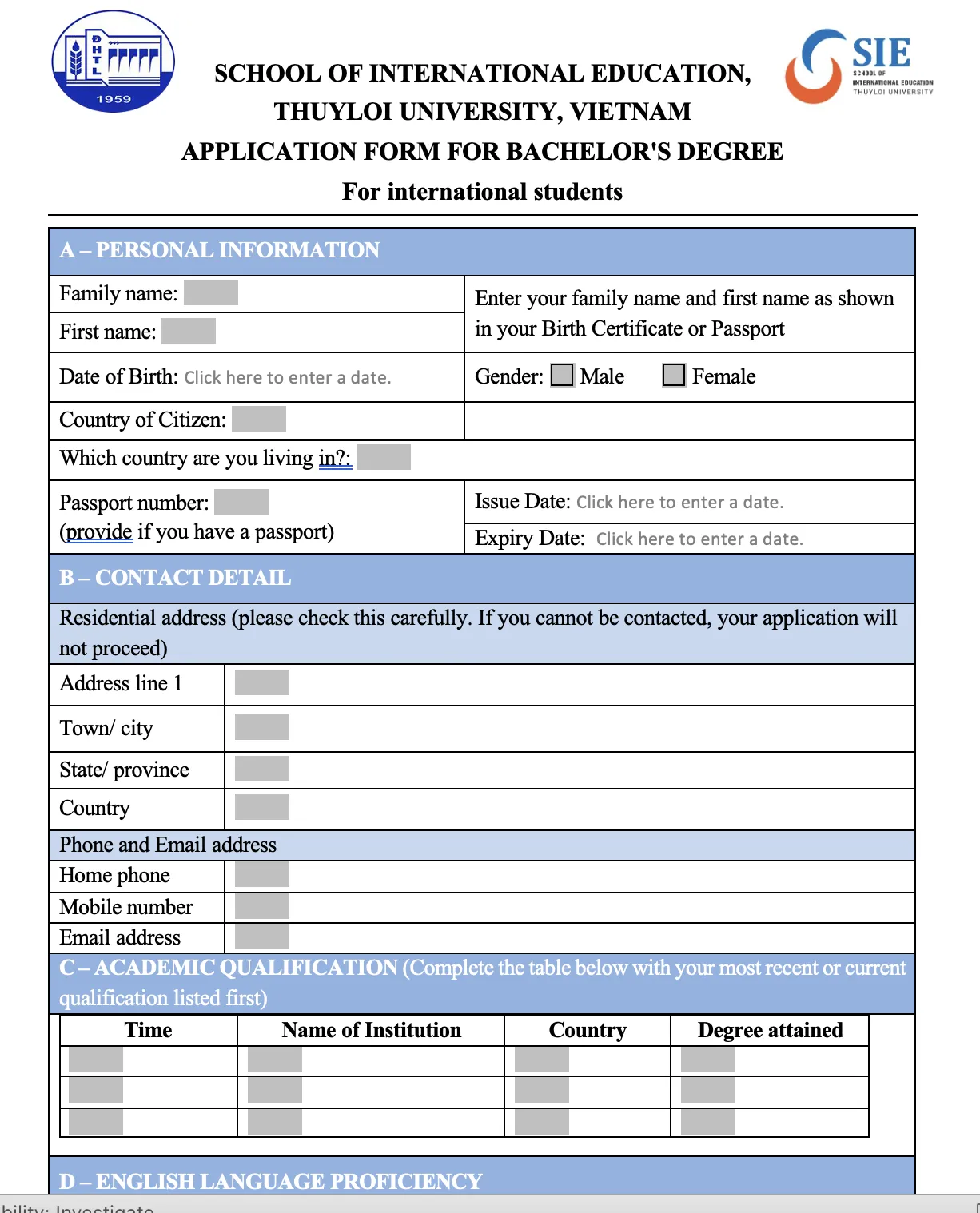 Application form for bachelor’s degree
