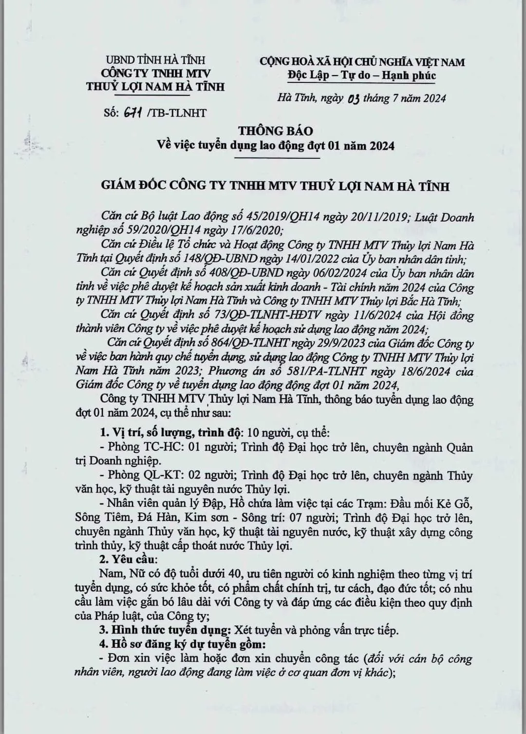 Công ty TNHH MTV Thủy lợi Nam Hà Tĩnh tuyển dụng