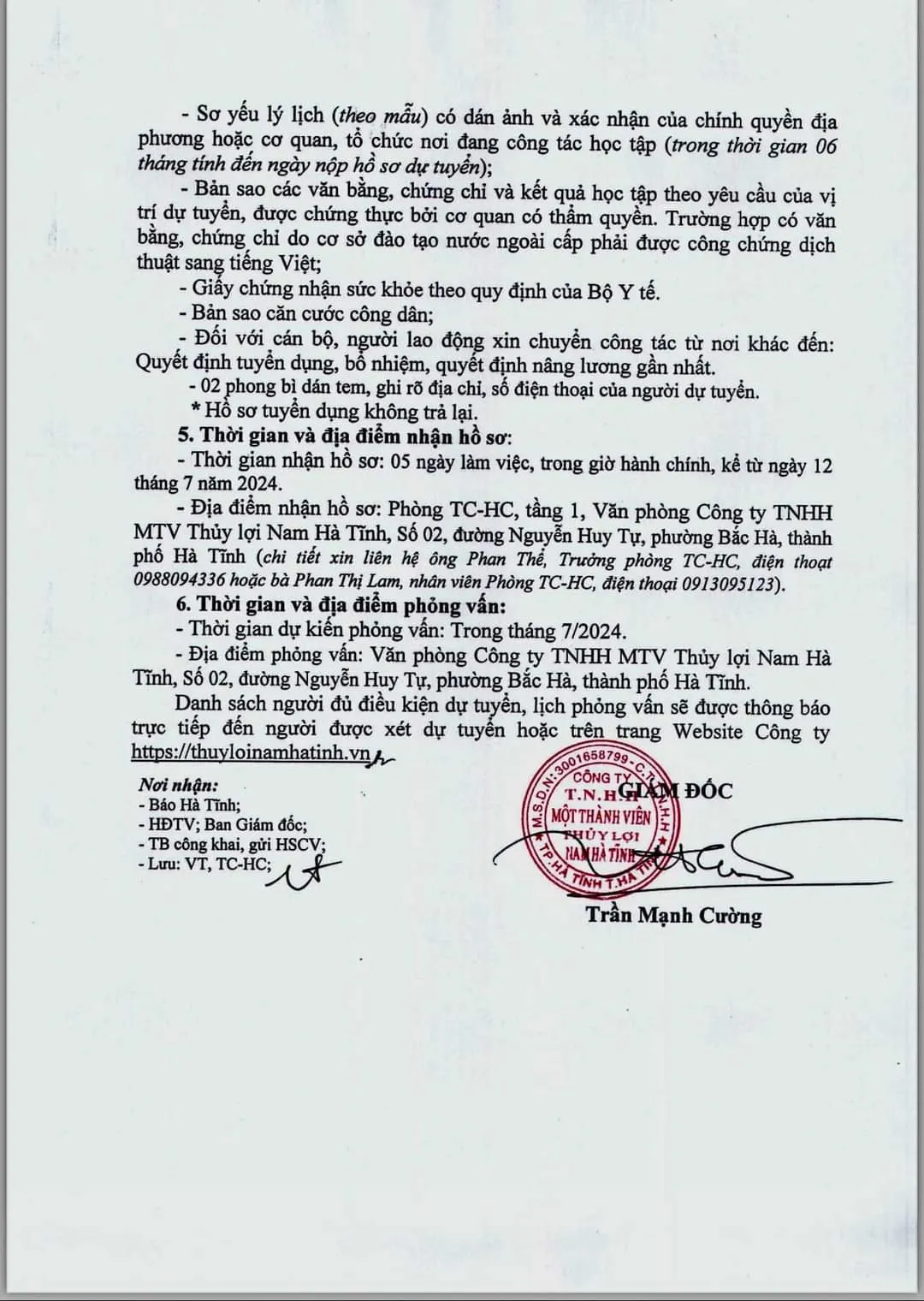 Công ty TNHH MTV Thủy lợi Nam Hà Tĩnh tuyển dụng