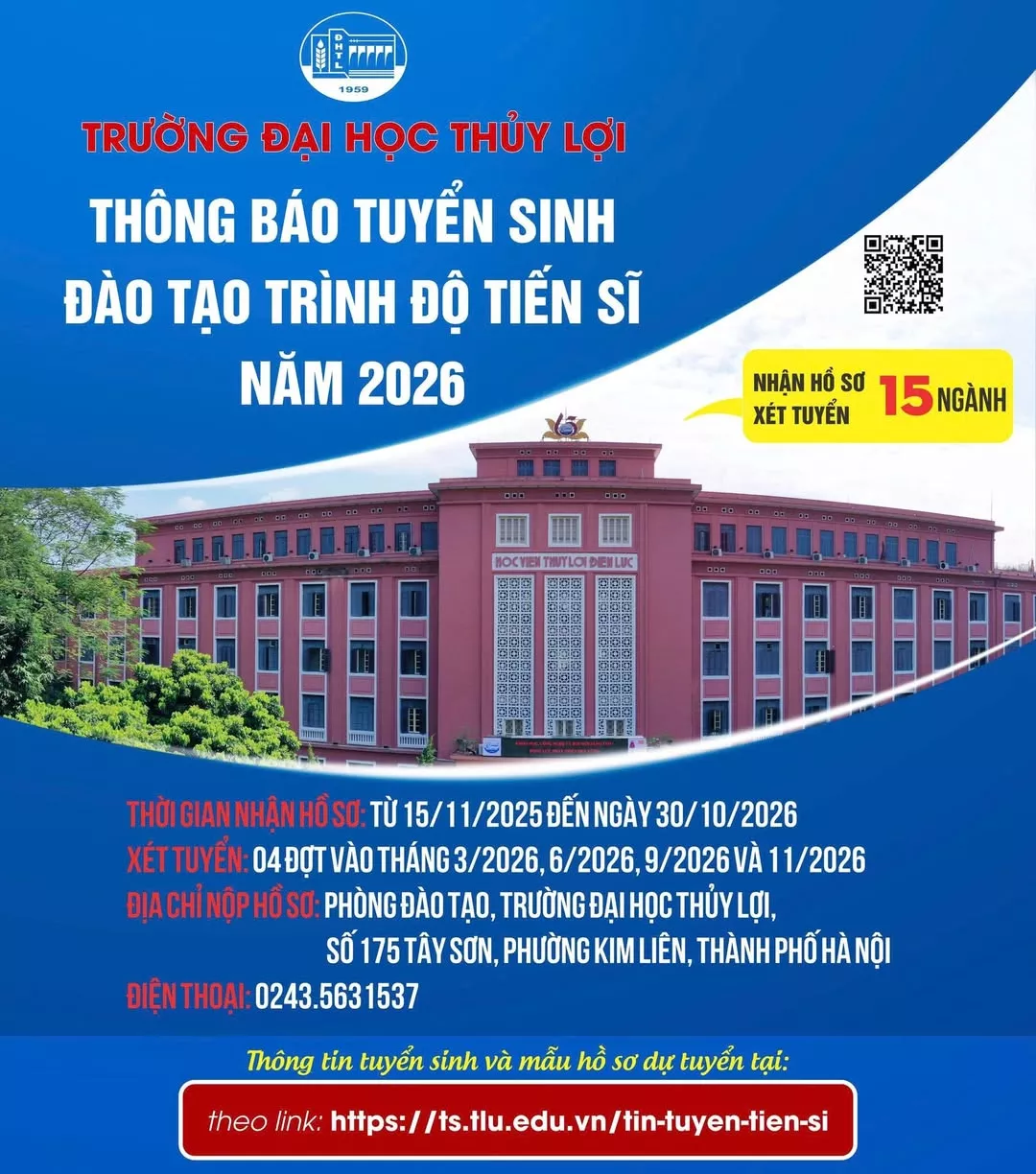 Trường Đại học Thủy lợi thông báo tuyển sinh đào tạo trình độ tiến sĩ năm 2026